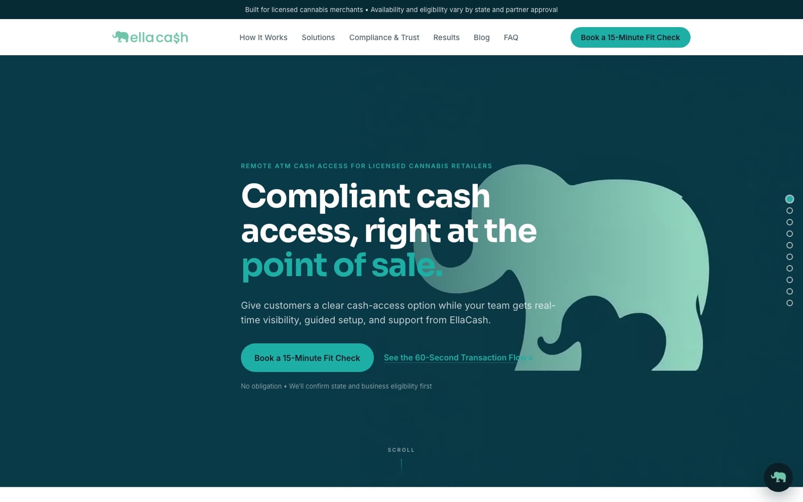 The EllaCash homepage after the rebuild — a rotating headline over the Remote ATM cash-access pitch