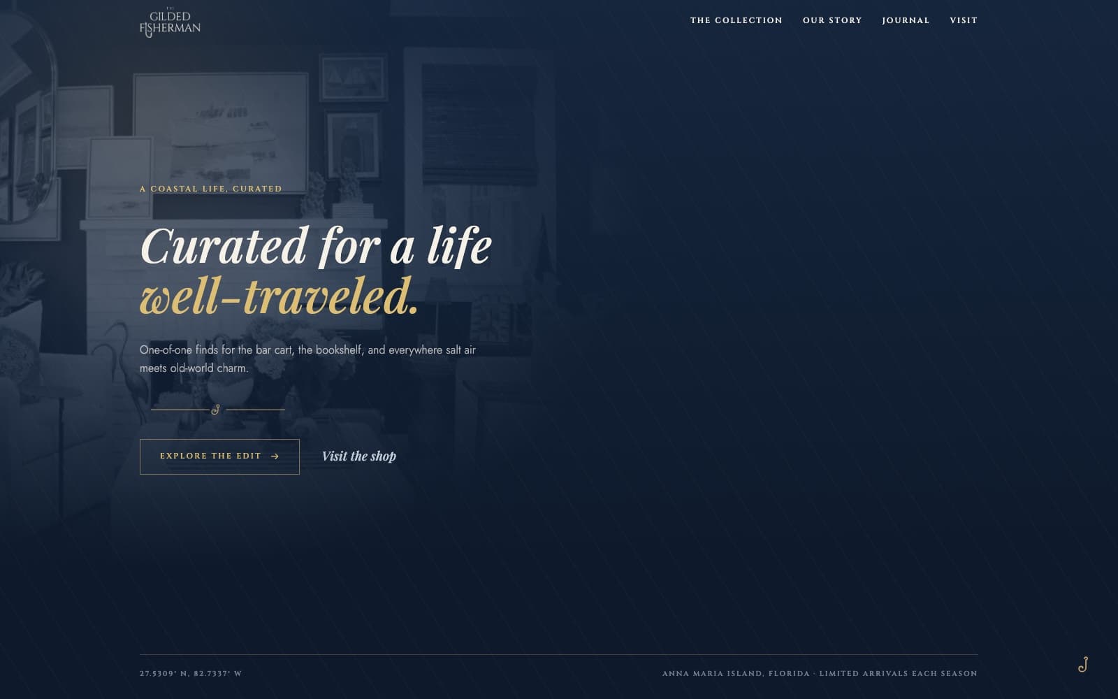 The Gilded Fisherman homepage — navy and antique gilt editorial layout for a coastal boutique